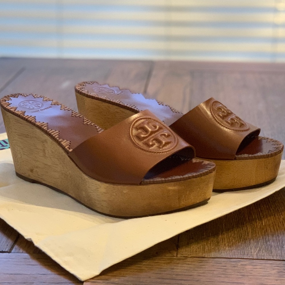 Tory Burch Wedges 9M Brown Leather/Wooden Wedge